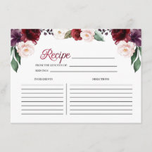 Tarjeta de receta de ducha de novia floral borgoño