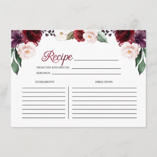 Tarjeta de receta de ducha de novia floral borgoño (Anverso)