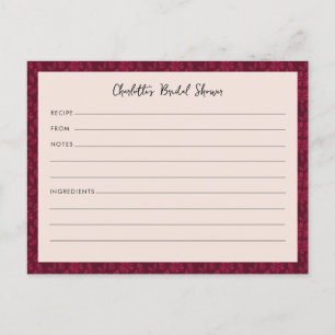 Tarjeta de receta de ducha de novia floral borgoño