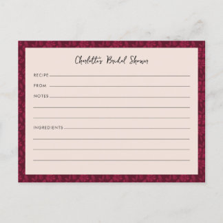 Tarjeta de receta de ducha de novia floral borgoño