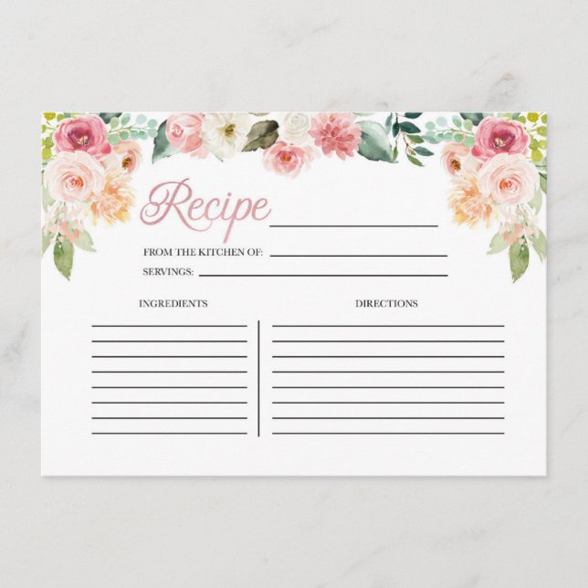 Tarjeta de receta de ducha de novia floral rosa y  (Anverso)