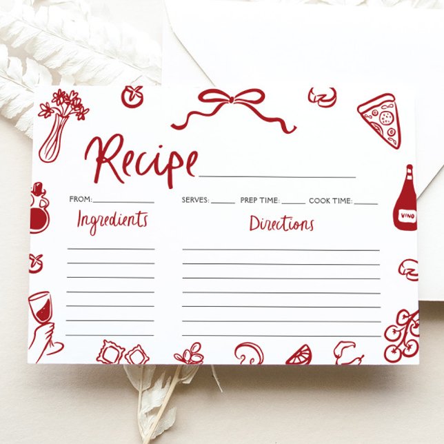 Tarjeta de receta de ducha de novia italiana con m (Red Hand Drawn Italian Bridal Shower Recipe Card)