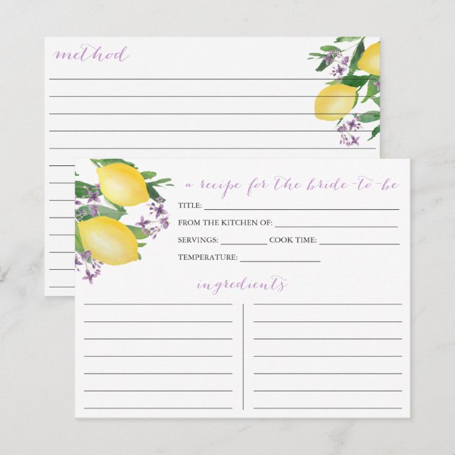 Tarjeta de receta de ducha de novia Lemons Purple  (Anverso / Reverso)