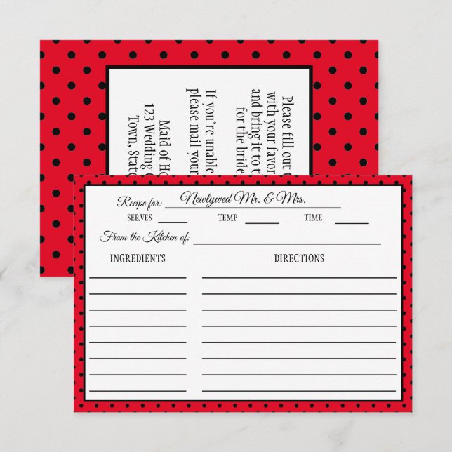 Tarjeta de receta de ducha de novia Polka Dot rojo (Anverso / Reverso)