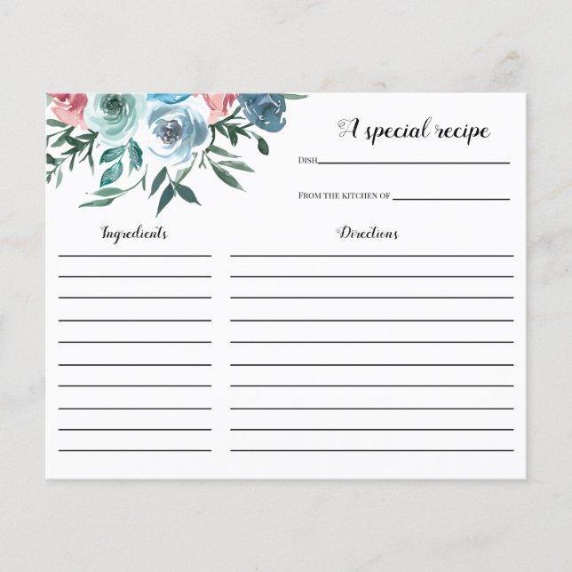 Tarjeta de receta de ducha de novia rosa y azul (Anverso)