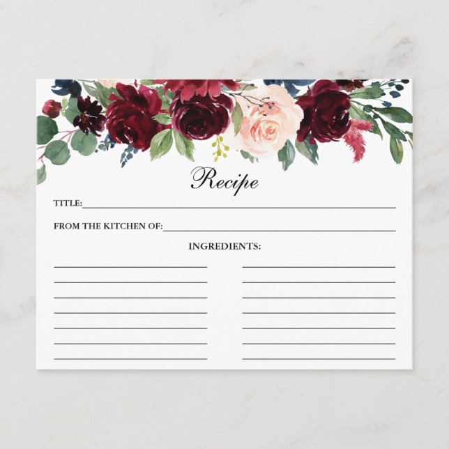 Tarjeta de receta de ducha floral azul borgoña (Anverso)