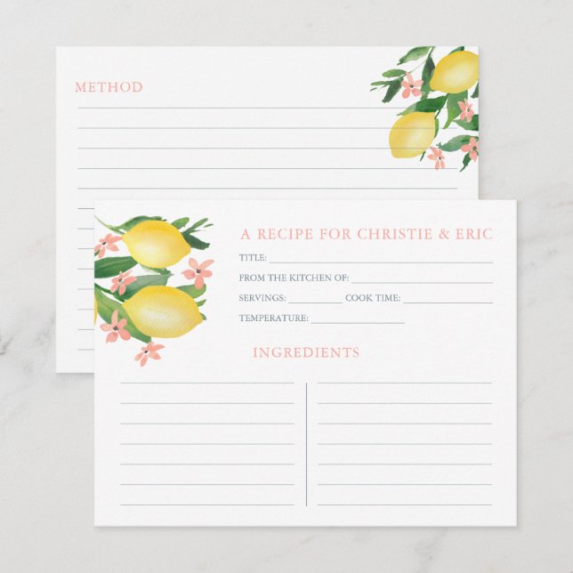 Tarjeta de receta de ducha Lemons Soft Pink Text F (Anverso / Reverso)
