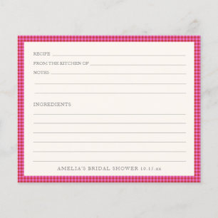 Tarjeta de receta de ducha nupcial de gingham rosa