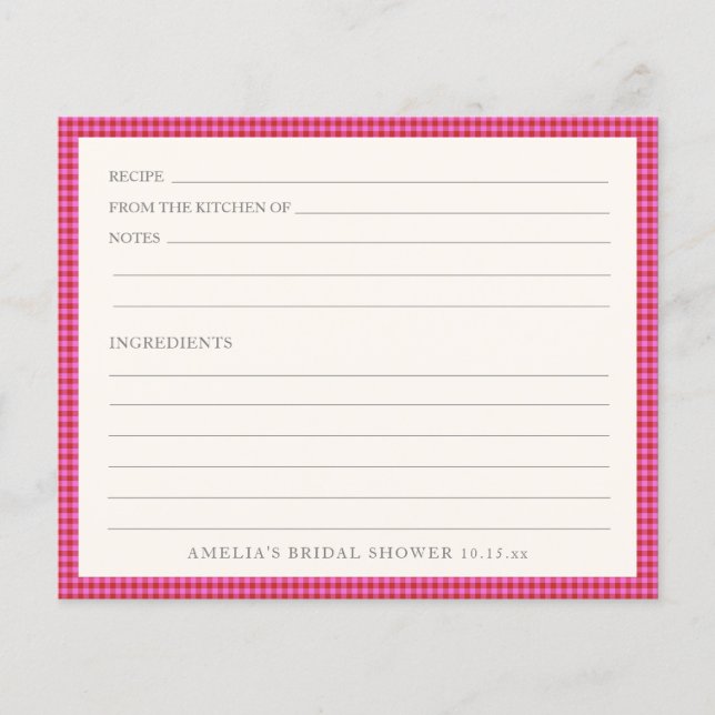 Tarjeta de receta de ducha nupcial de gingham rosa (Anverso)