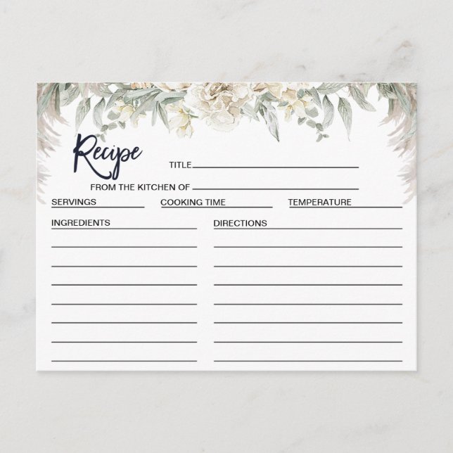 Tarjeta de receta de ducha nupcial floral boho bla (Anverso)