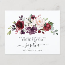 Tarjeta de receta de ducha nupcial floral borgoña 