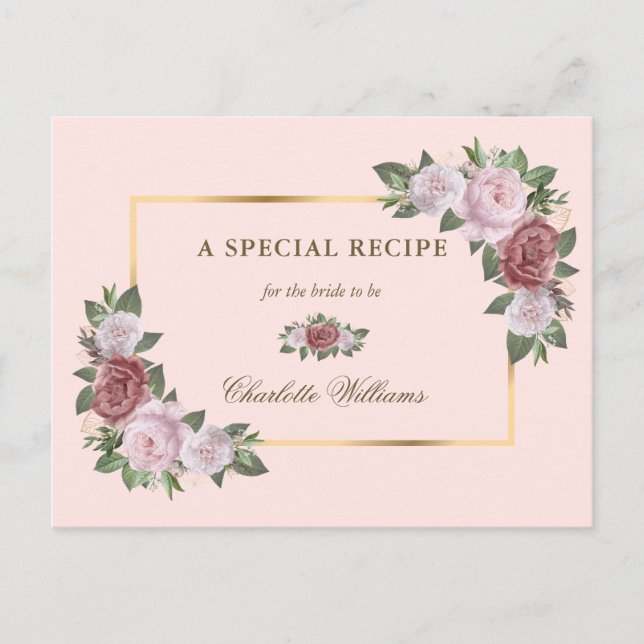 Tarjeta de Receta de Ducha Nupcial Floral Rosa Dor (Anverso)