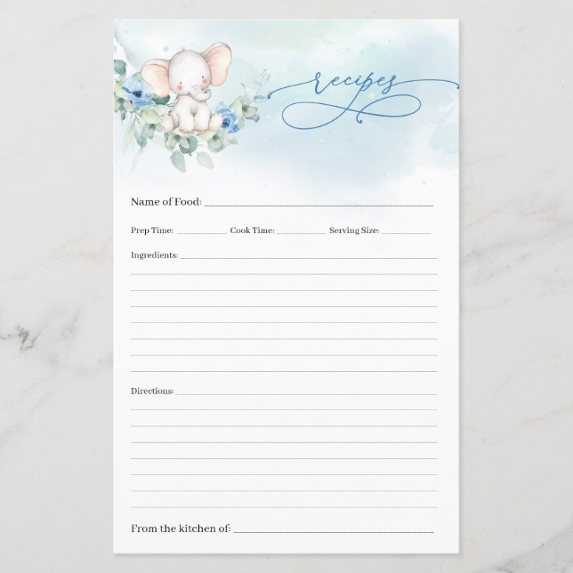 Tarjeta de receta de elefante azul floral de moda  (Anverso)