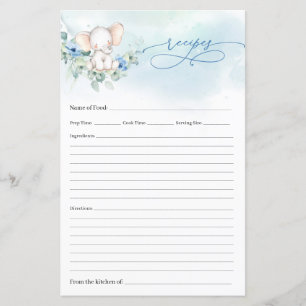 Tarjeta de receta de elefante azul floral de moda 