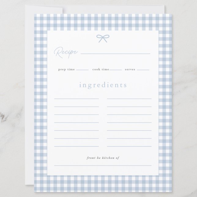 Tarjeta de Receta de Fiesta de Bebé a Cuadros Azul (Anverso)