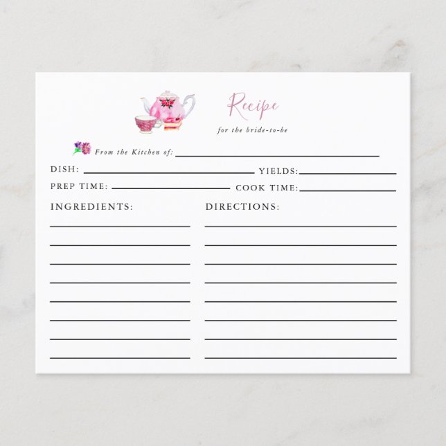 Tarjeta de receta de Fiesta de té de ducha de novi (Anverso)