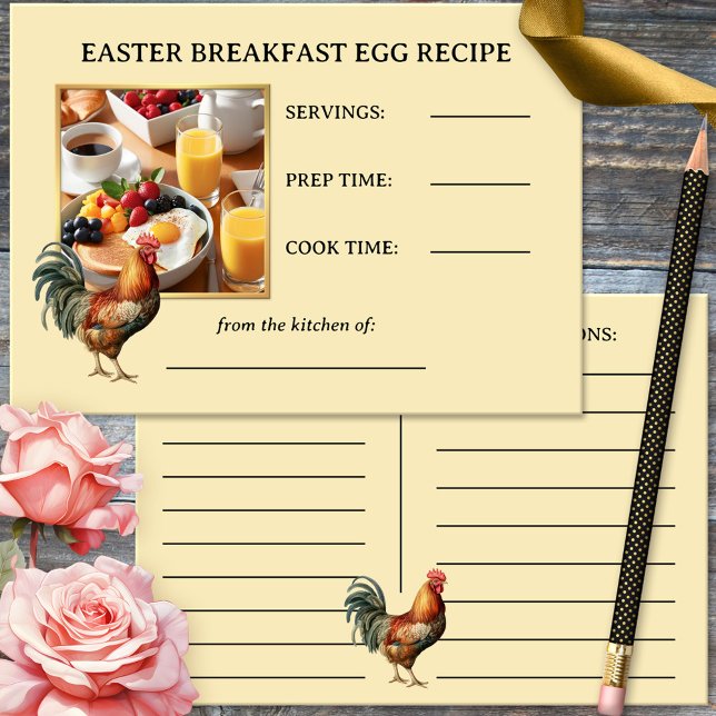 Tarjeta de Receta de Fotografía de Huevo para Desa (Elegant Easter egg breakfast recipe card featuring your custom photo with a rooster.)