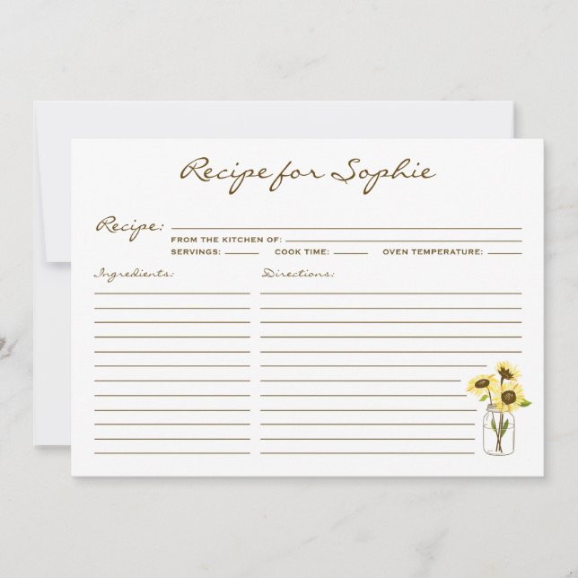 Tarjeta de receta de frasco de mason de girasoles  (Anverso)