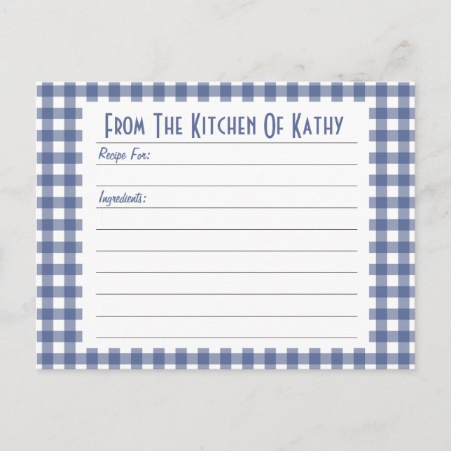 Tarjeta de Receta de Gingham Azul (Anverso)