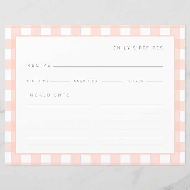 Tarjeta de receta de Gingham Recipes Rubor Pink Ch (Anverso)