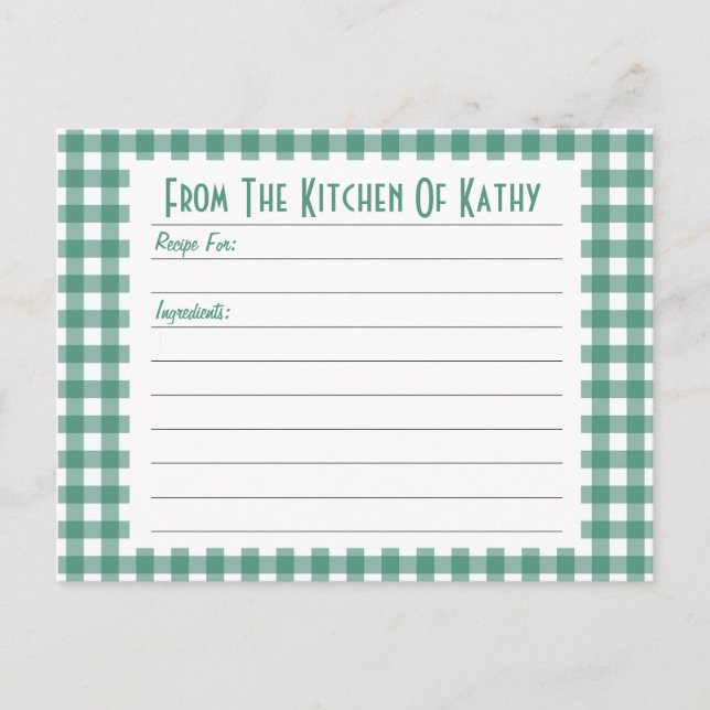 Tarjeta de Receta de Gingham Verde (Anverso)
