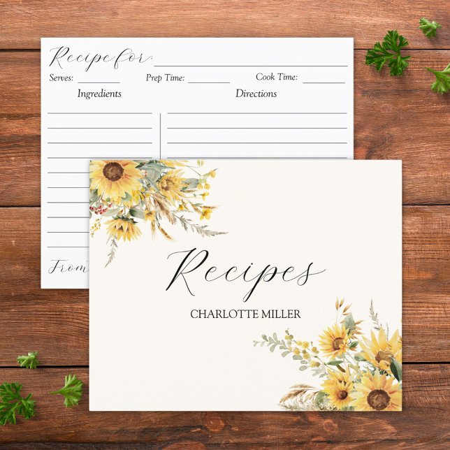 Tarjeta de Receta de Girasol Acuarela Rústica Eleg (In situ)