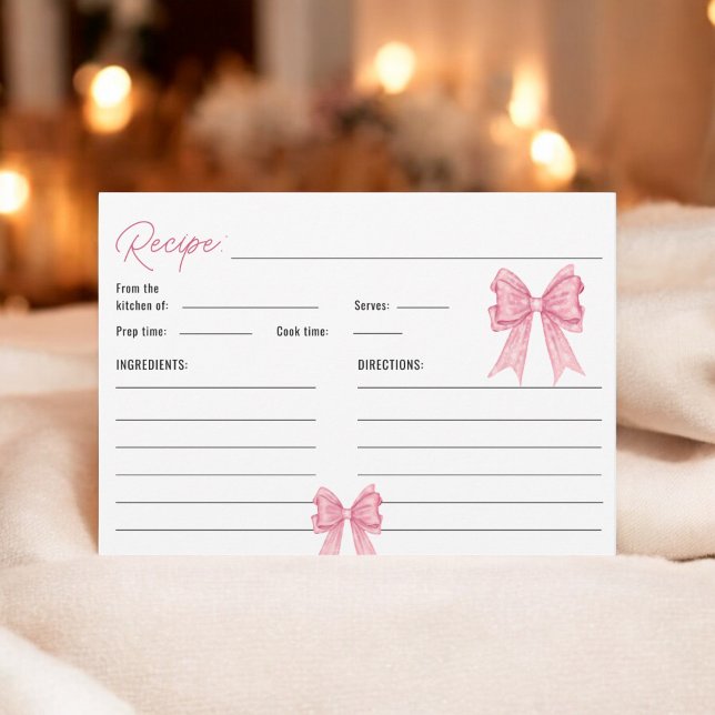 Tarjeta de receta de la ducha de novia cuchi rosa  (Cute Coquette Pink Bow Bridal Shower Recipe Card)