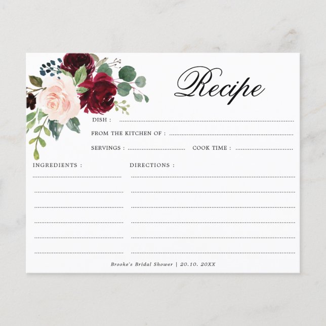 Tarjeta de receta de la ducha de novia Rubor de la (Anverso)