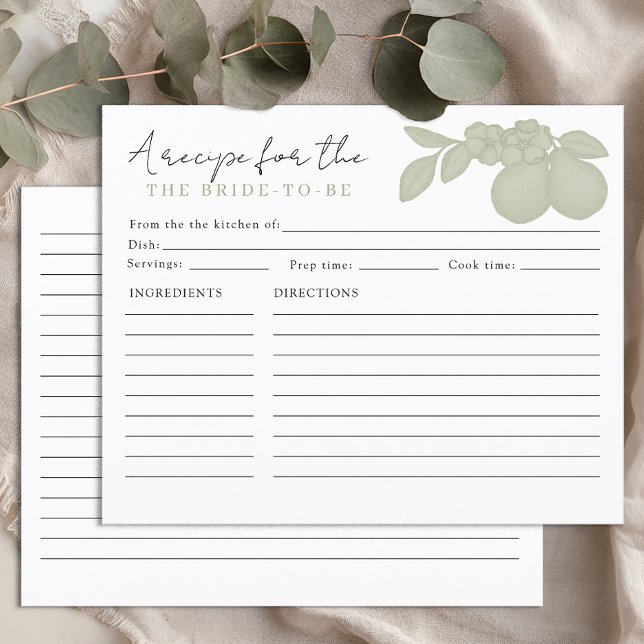 Tarjeta de receta de la ducha de novia Sage Green  (Recipe card keepsake for the bride)