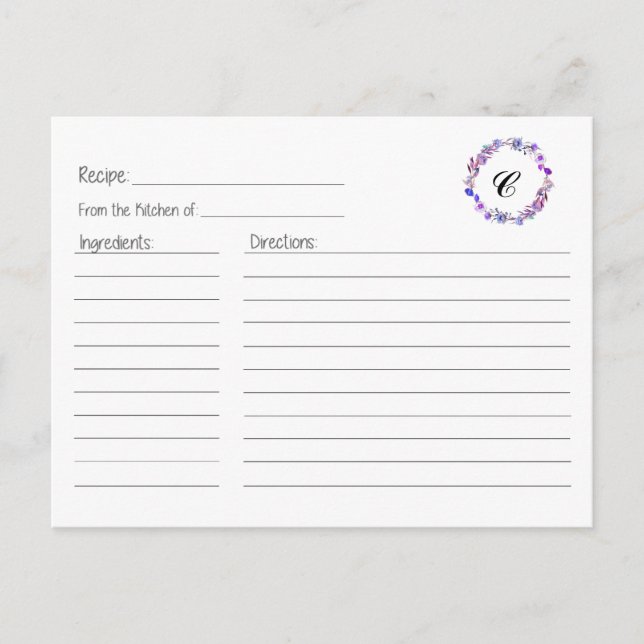 Tarjeta de Receta de Lilac Floral Wreath (Anverso)