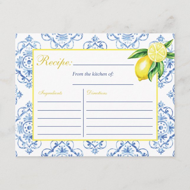 Tarjeta de receta de limón floral italiana azul en (Anverso)
