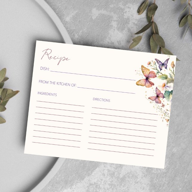 Tarjeta de receta de mariposas con ducha de novia  (Butterflies floral bridal shower recipe card spring summer garden bridal shower recipe card)