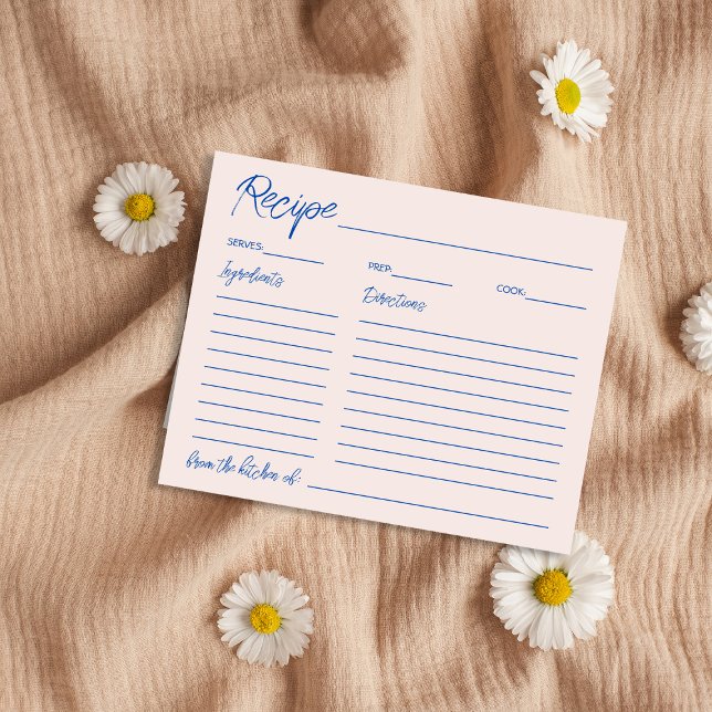 Tarjeta de receta de Moda manuscrita Blue Bridal S (Handwritten Chic Blue Bridal Shower Recipe Card)