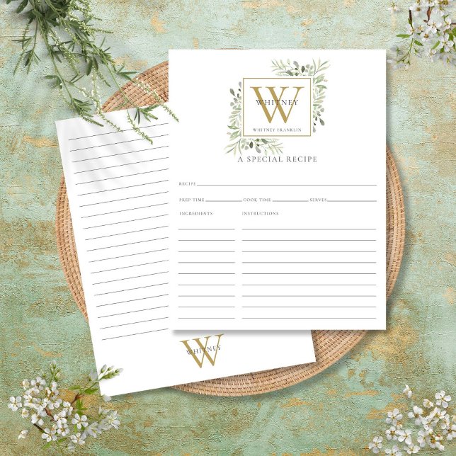 Tarjeta de receta de Monograma de Oro de Agua para (Watercolor Greenery Gold Monogram Recipe Card)