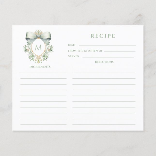 Tarjeta de receta de Monograma de Sage Bow Escudo (Anverso)