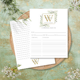 Tarjeta de Receta de Monograma Dorado con Verde Ac