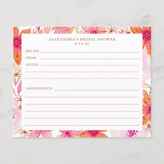 Tarjeta de receta de Naranja rosa Boho Flowers Bri (Anverso)