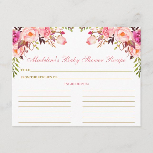 Tarjeta de receta de oro floral Baby Shower Pink R (Anverso)
