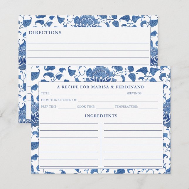Tarjeta de Receta de Patrón de Porcelana Azul y Bl (Anverso / Reverso)
