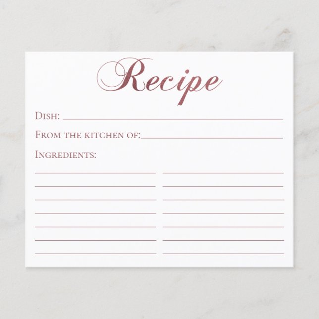 Tarjeta de receta de Rosa Gold Elegant Script Brid (Anverso)