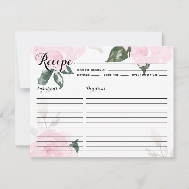 Tarjeta de Receta de Rosas de Acuarela Rosa Dulce (Anverso)