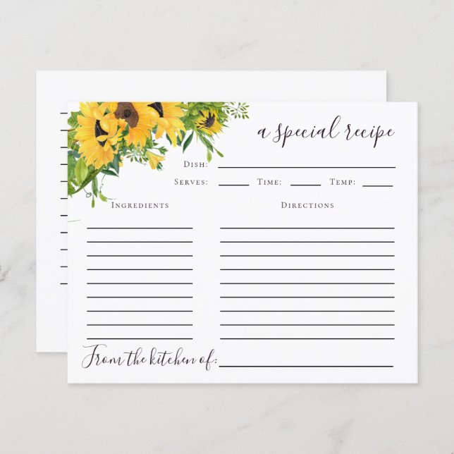 Tarjeta de receta de Sunflower Bridal Shower (Anverso / Reverso)