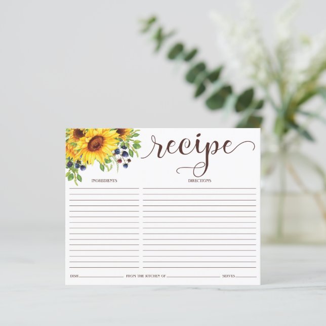 Tarjeta de receta de Sunflower Bridal Shower (Anverso de pie)