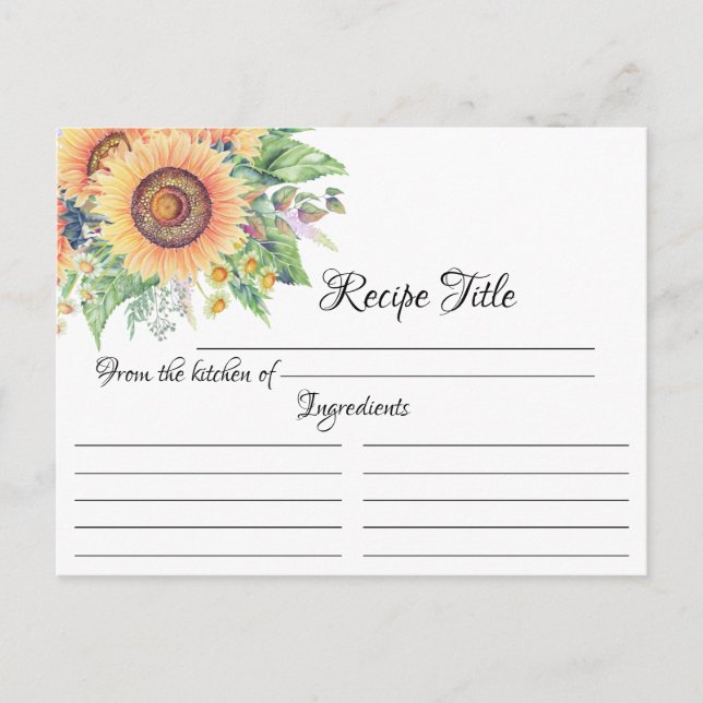 Tarjeta de receta de Sunflower Garden Bridal Showe (Anverso)