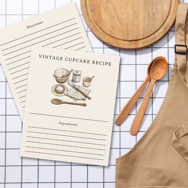 Tarjeta de receta de utensilios de cocina de época (Vintage Cooking Utensils Striped Recipe Card)