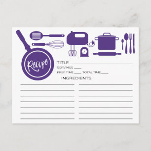 Tarjeta de receta de utensilios de cocina púrpura 