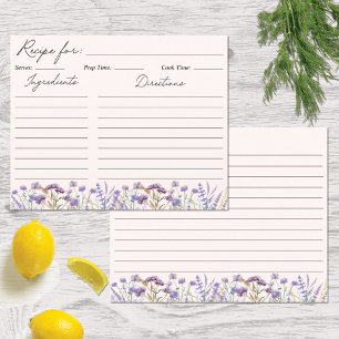 Tarjeta de receta de Watercolor Púrpura Wildflower