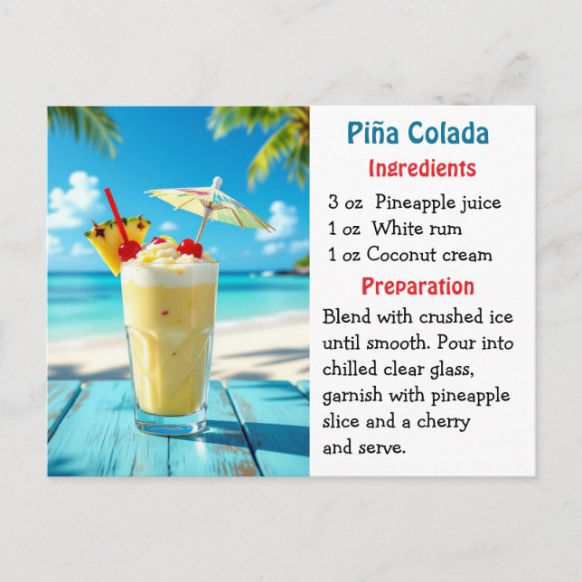 tarjeta de receta del Día Nacional de la Piña Cola (Anverso)
