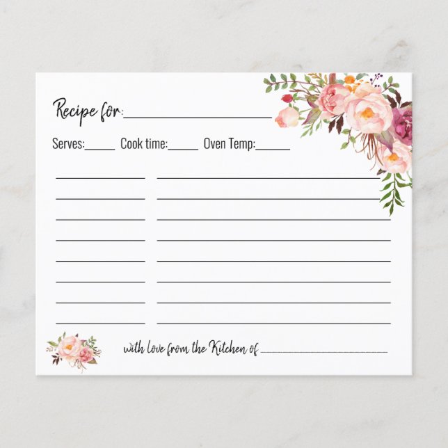 Tarjeta de receta ducha de novia boda floral rosa (Anverso)