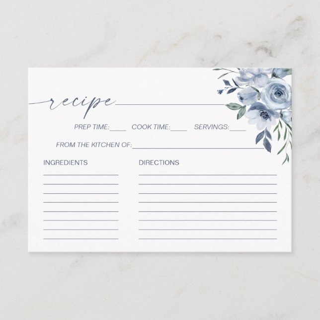 Tarjeta de receta Dusty Blue Floral Bridal Shower (Anverso)